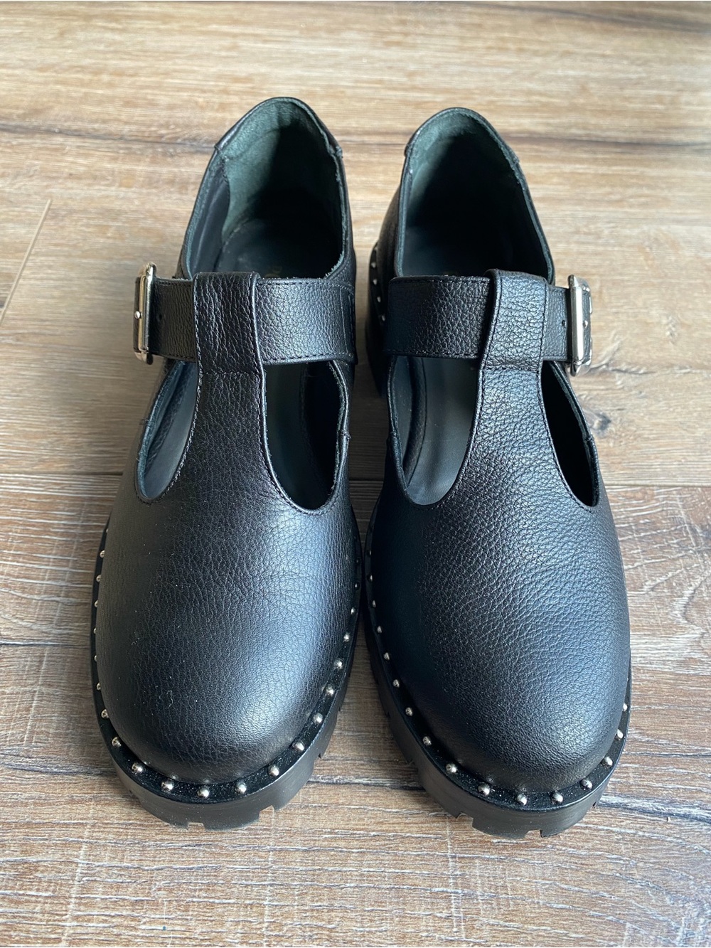 Poppy Barley Black Leather Studded Academy Mary Jane Flats